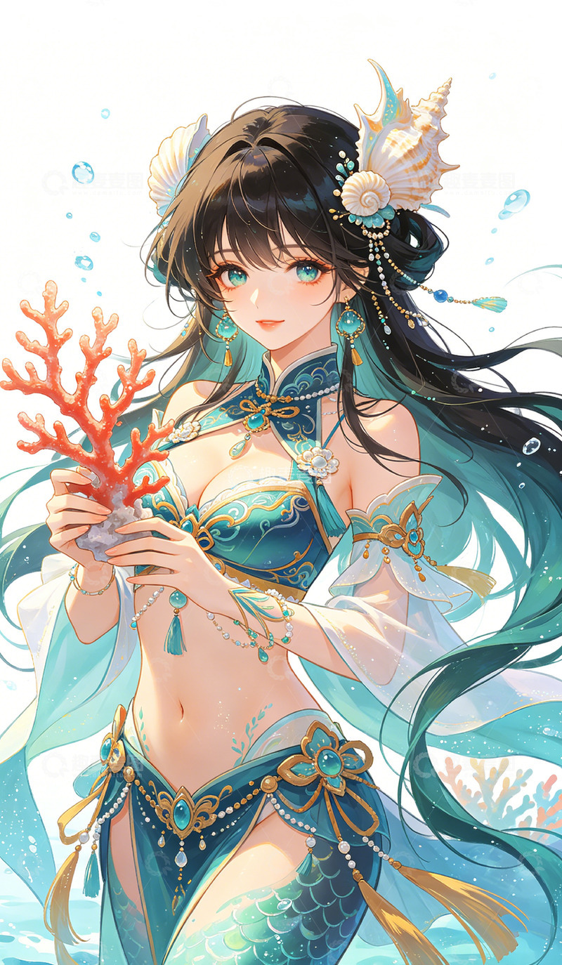 高清大图下载【趣麦麦图】-国风美人鱼手持珊瑚插画设计素材