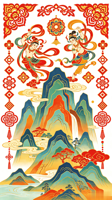 国风剪纸飞天山水插画设计素材