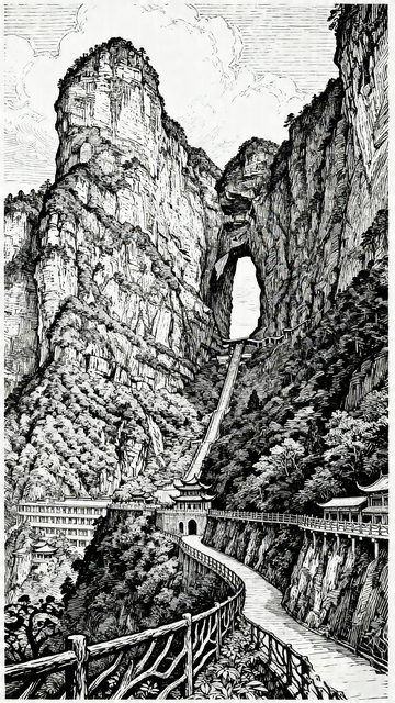 黑白线条山水峡谷栈道设计素材