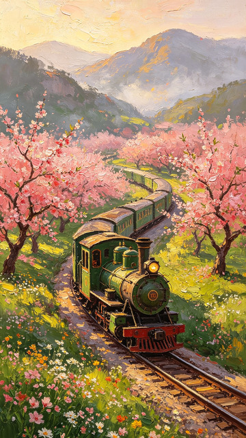 油画风春日樱花火车风景设计素材