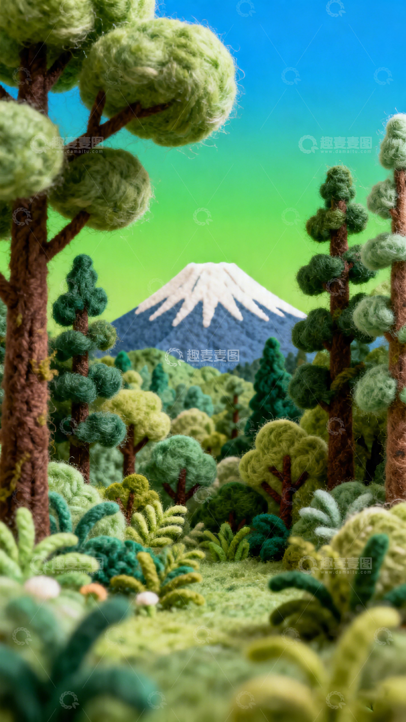 高清大图下载【趣麦麦图】-毛线编织风富士山森林场景设计素材