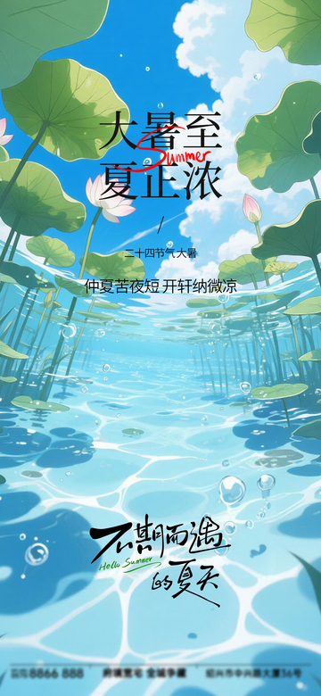 插画风大暑节气荷塘夏日设计素材