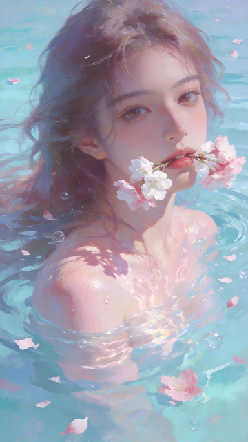 水中衔花少女油画插画