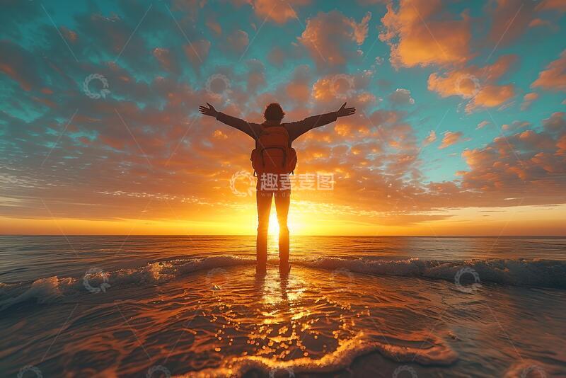 高清大图下载【趣麦麦图】-剪影风日落海滩人物摄影素材42