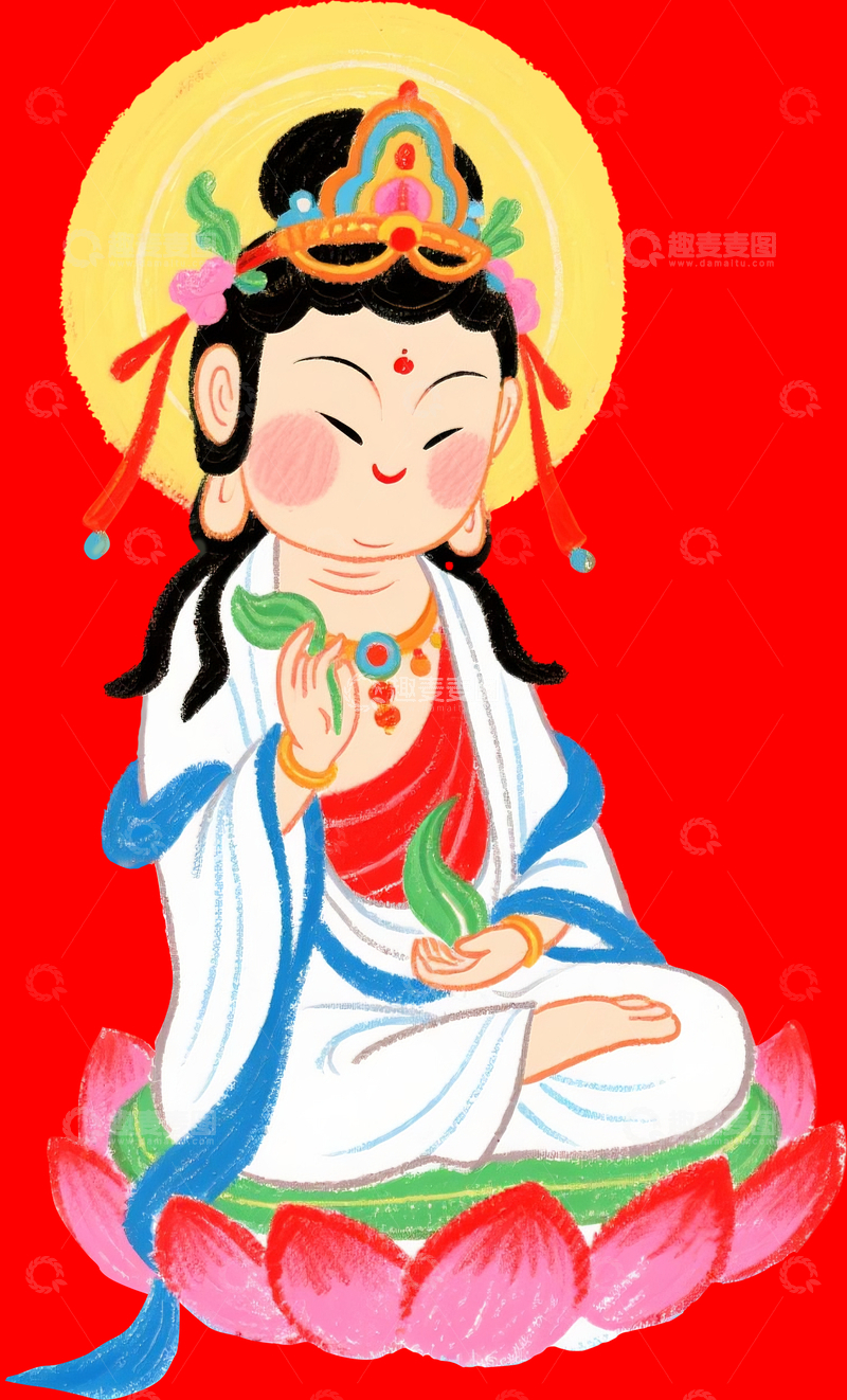 源文件下载【趣麦麦图】 Q 版坐莲观音蜡笔手绘插画4