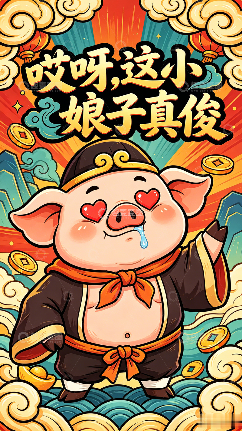 高清大图下载【趣麦麦图】-国潮风可爱猪八戒卡通插画设计素材