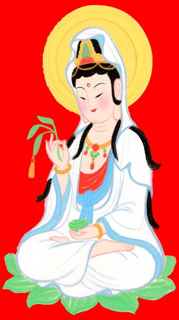  Q 版坐莲观音蜡笔手绘插画1
