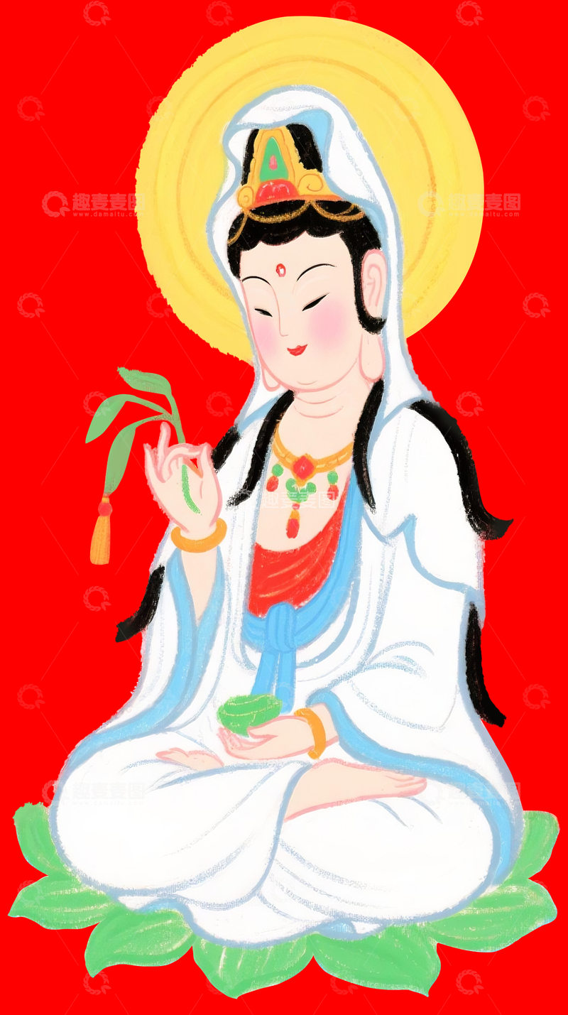 源文件下载【趣麦麦图】 Q 版坐莲观音蜡笔手绘插画1