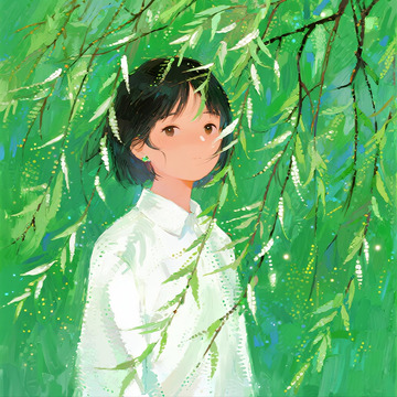 春日垂柳白衬衫少女油画插画