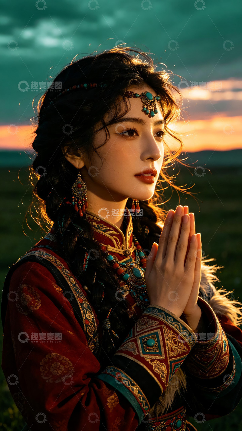 高清大图下载【趣麦麦图】草原黄昏藏服少女祈福人像摄影2