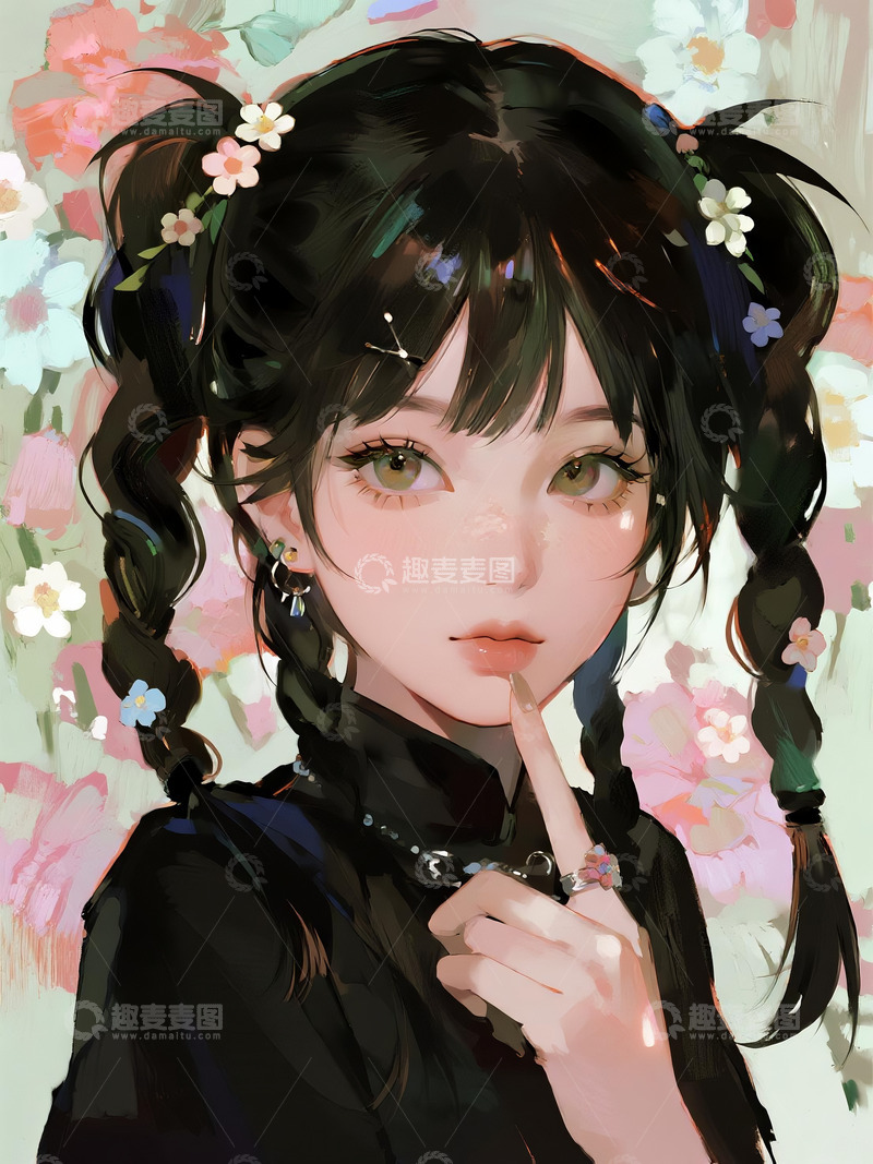 高清大图下载【趣麦麦图】碎花双麻花新中式少女厚涂插画