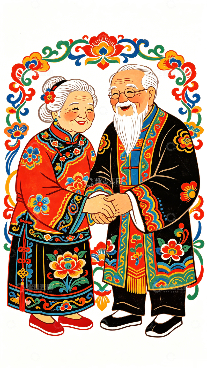 高清大图下载【趣麦麦图】年画风老年夫妇手绘传统服饰设计素材