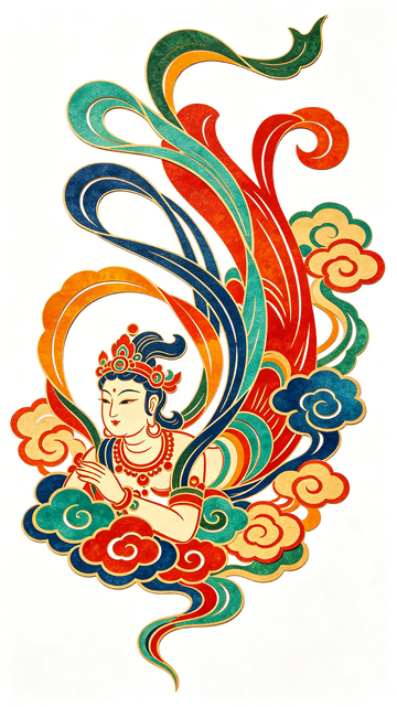 敦煌风飞天仕女彩绘设计素材