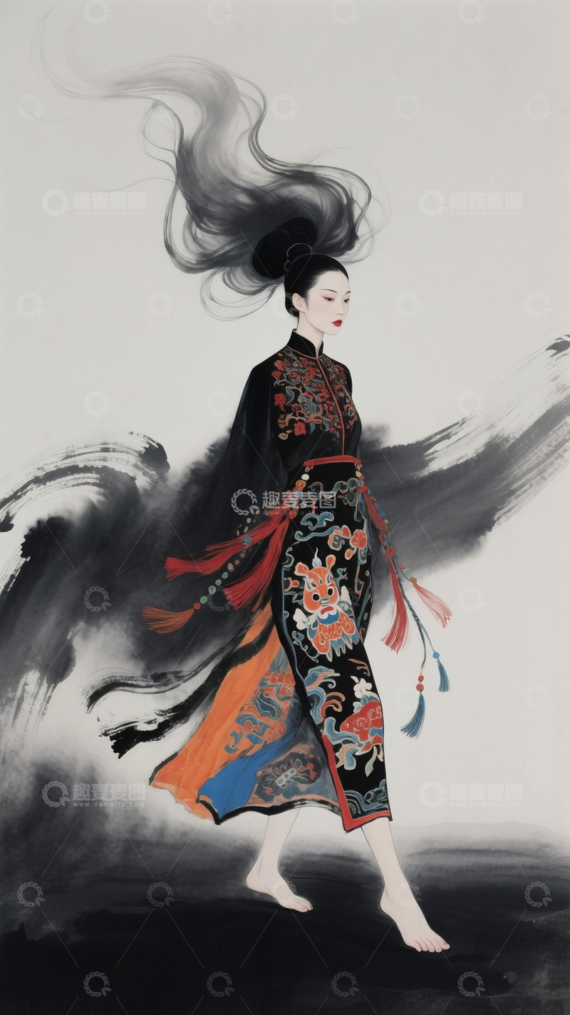 高清大图下载【趣麦麦图】水墨国风刺绣旗袍女子写意人物国画