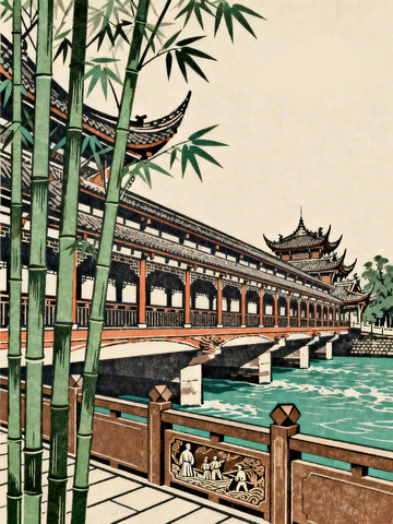 翠竹古廊桥中式木刻版画风景插画