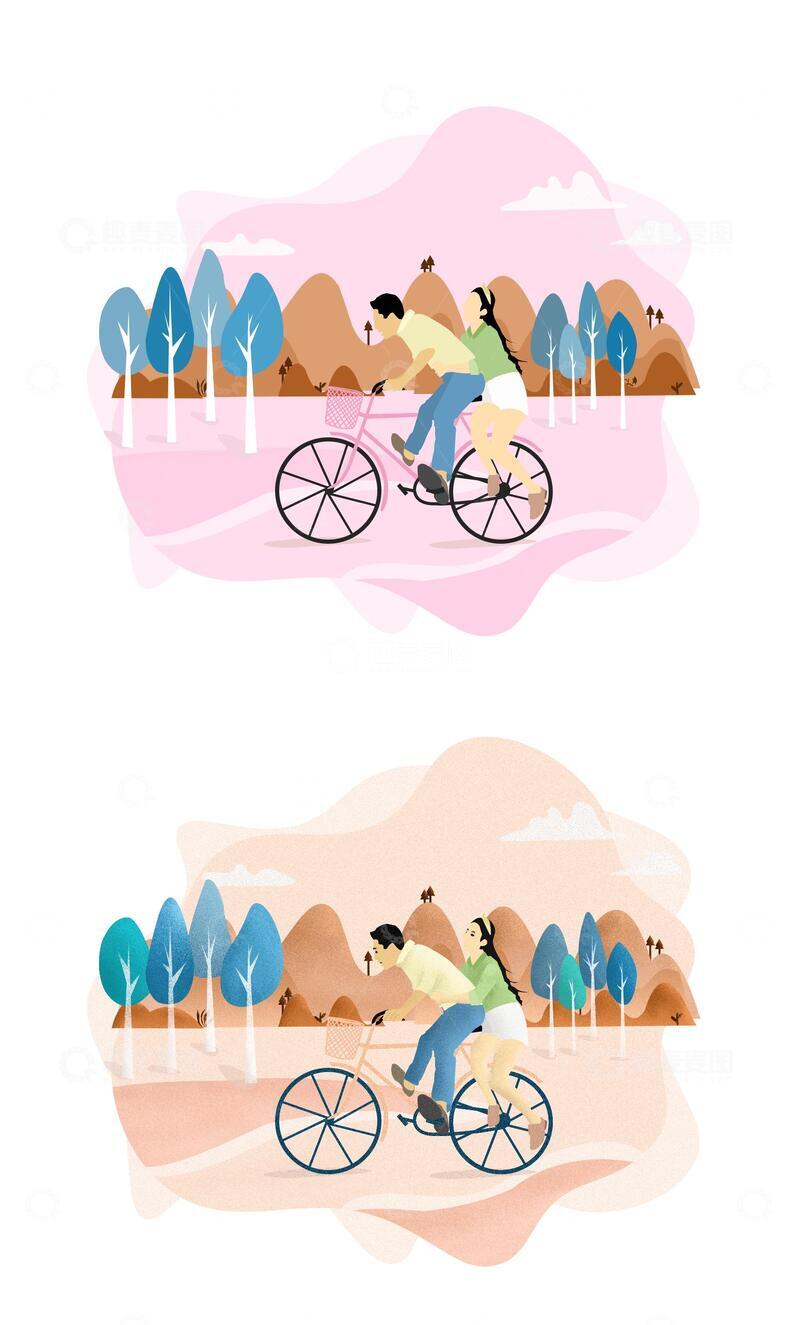 源文件下载【趣麦麦图】扁平插画风格人物情侣骑行