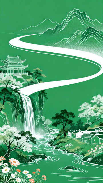 青绿色国风山水瀑布村落亭台线描插画