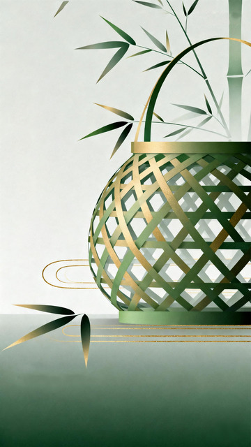 青金竹编提篮翠竹新中式极简国风插画