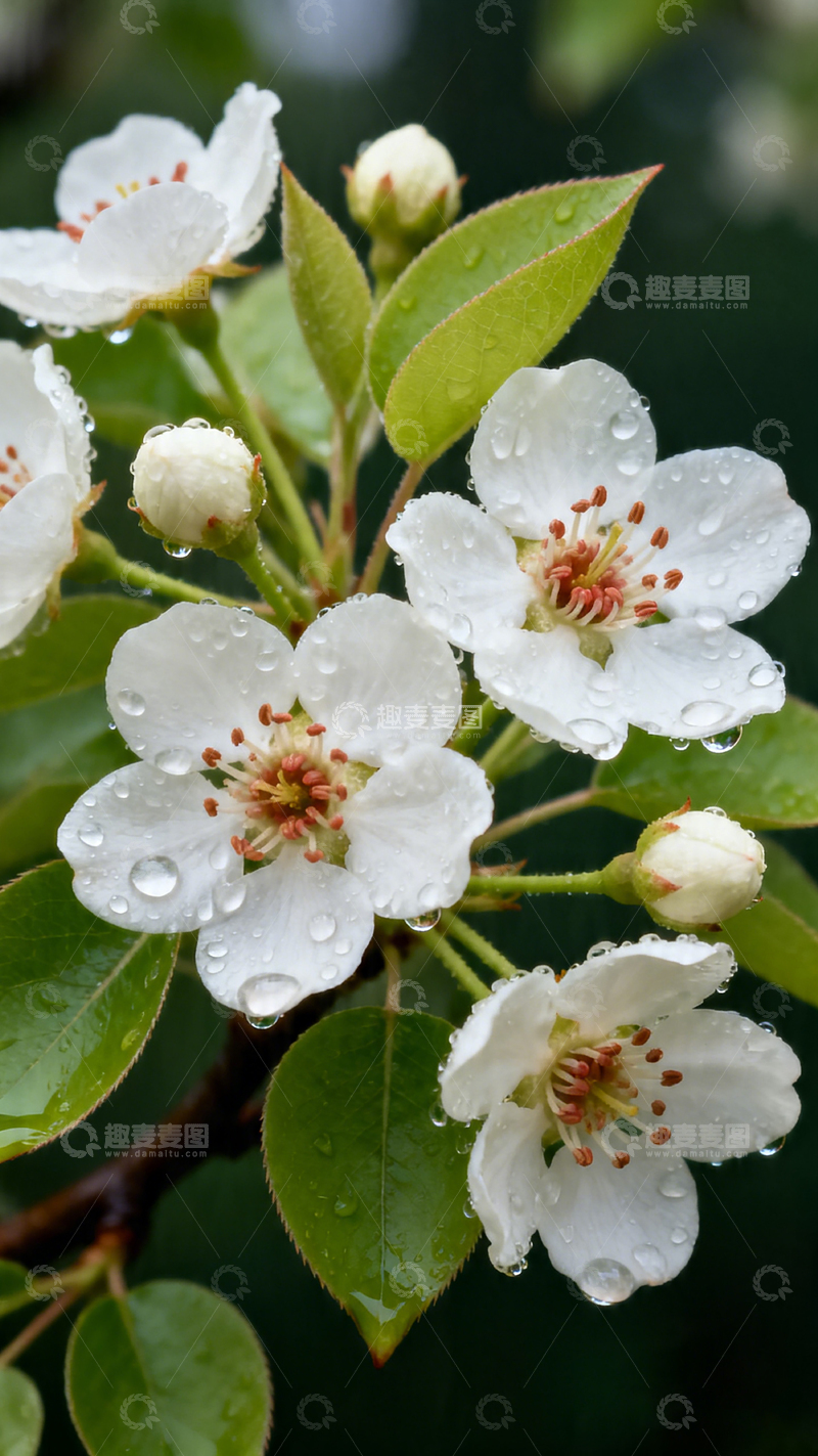 高清大图下载【趣麦麦图】写实风梨花雨滴自然摄影素材