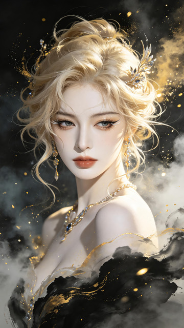 黑金水墨鎏金金发贵气少女国风人像插画