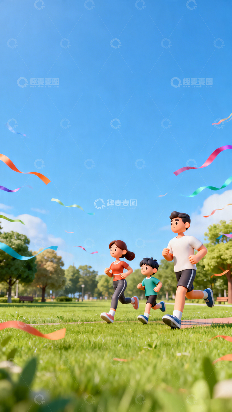 高清大图下载【趣麦麦图】-卡通风家庭跑步公园场景设计素材