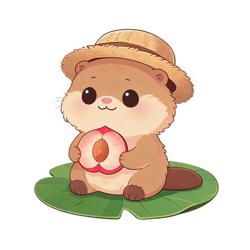 卡通风可爱水獭吃桃子插画素材