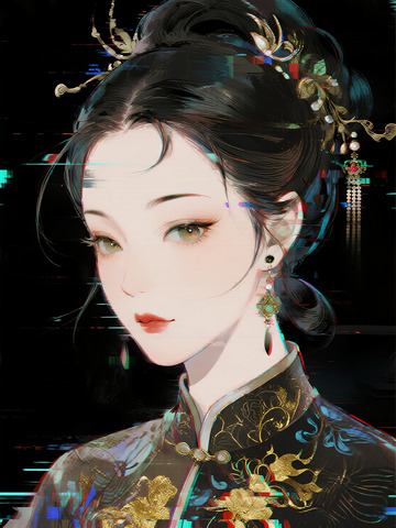 故障风新中式旗袍女子国风插画