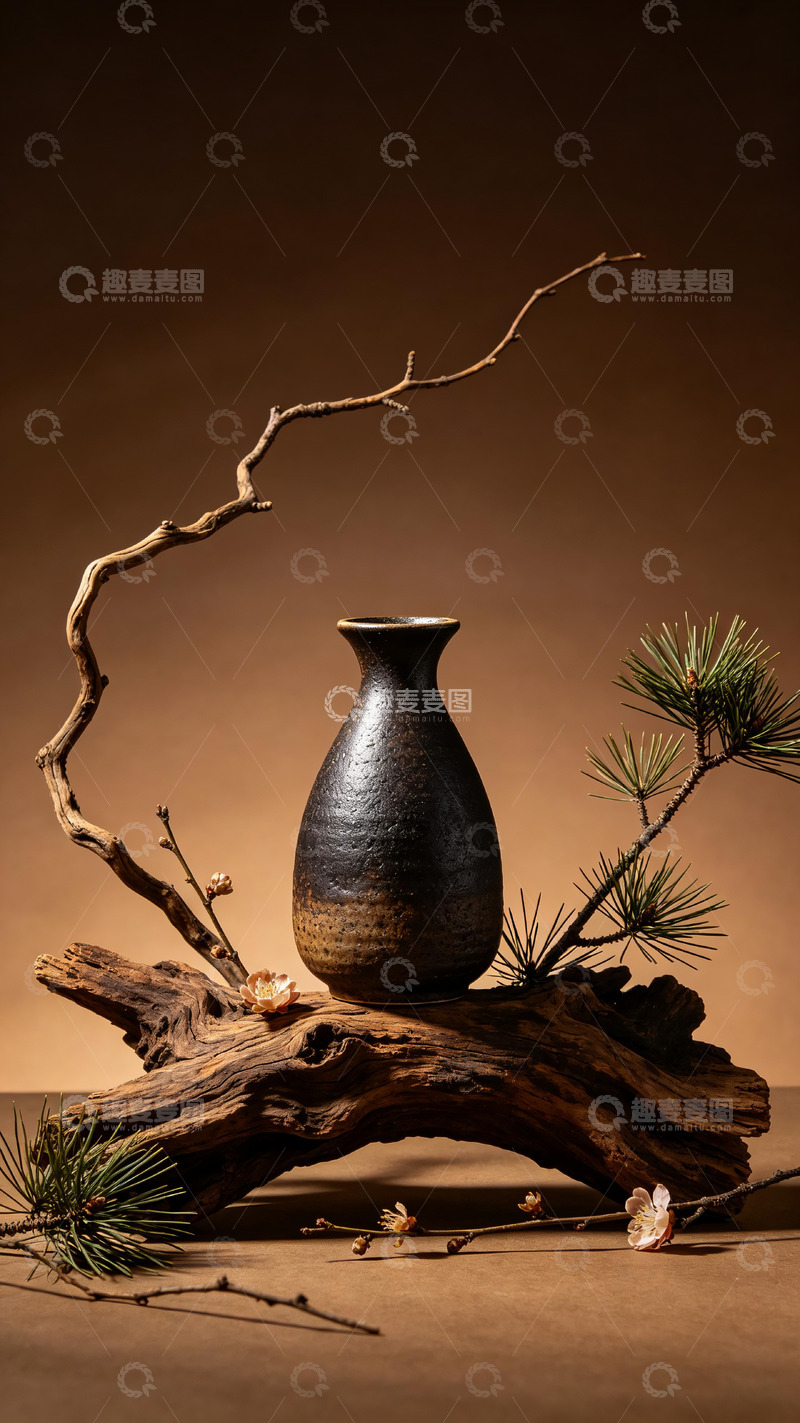 高清大图下载【趣麦麦图】-侘寂风粗陶瓶枯木松枝梅花静物摄影4
