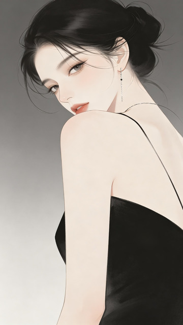 水墨质感盘发黑衣吊带女生半身人像插画