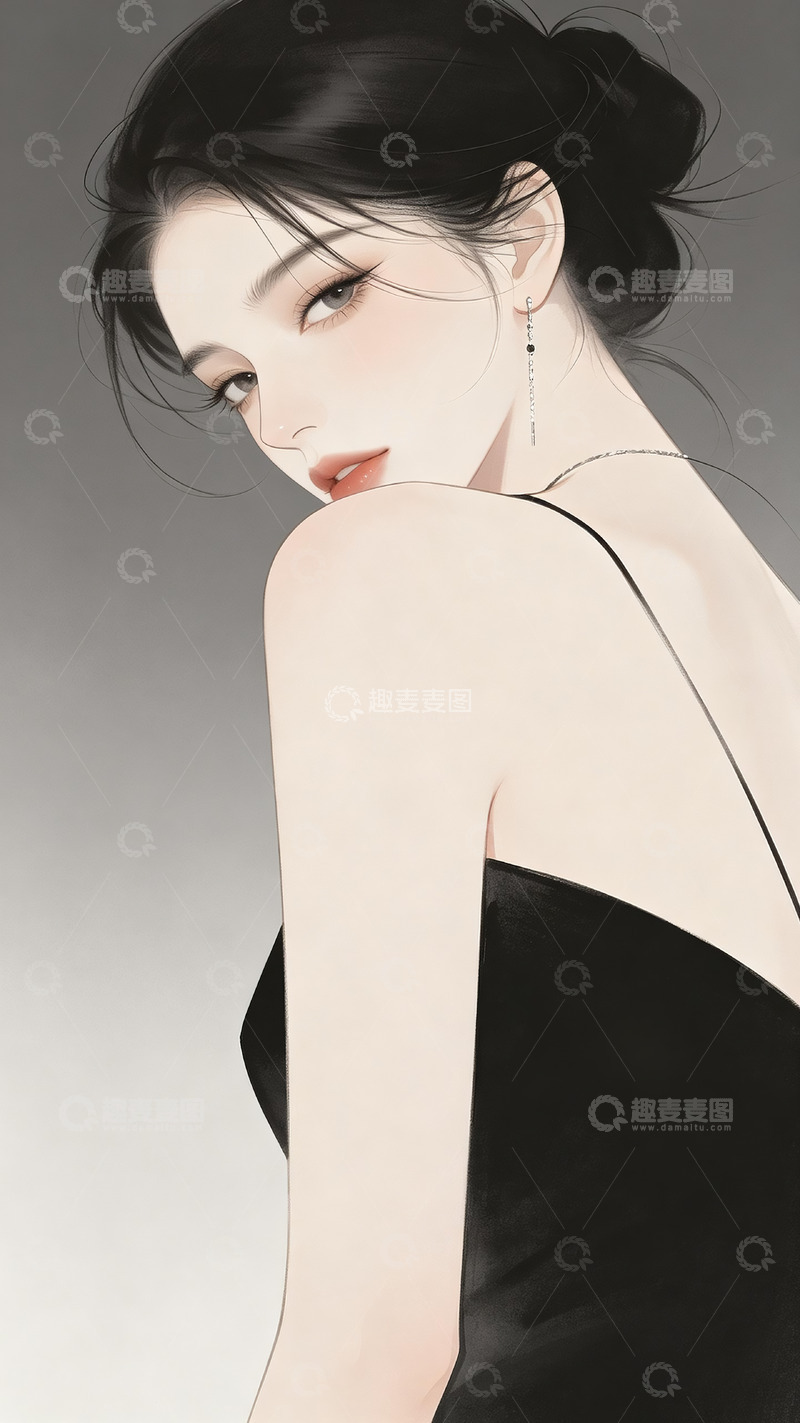 高清大图下载【趣麦麦图】-水墨质感盘发黑衣吊带女生半身人像插画
