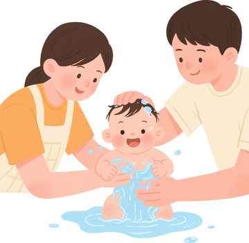 父母给婴儿洗澡温馨亲子扁平插画