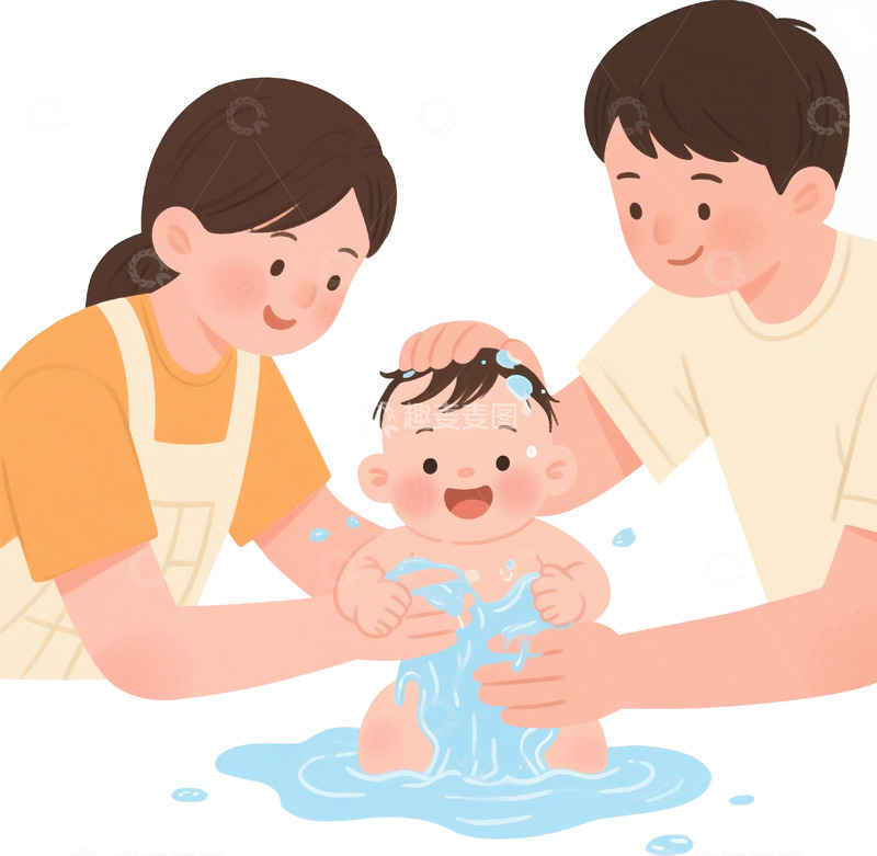 高清大图下载【趣麦麦图】-父母给婴儿洗澡温馨亲子扁平插画