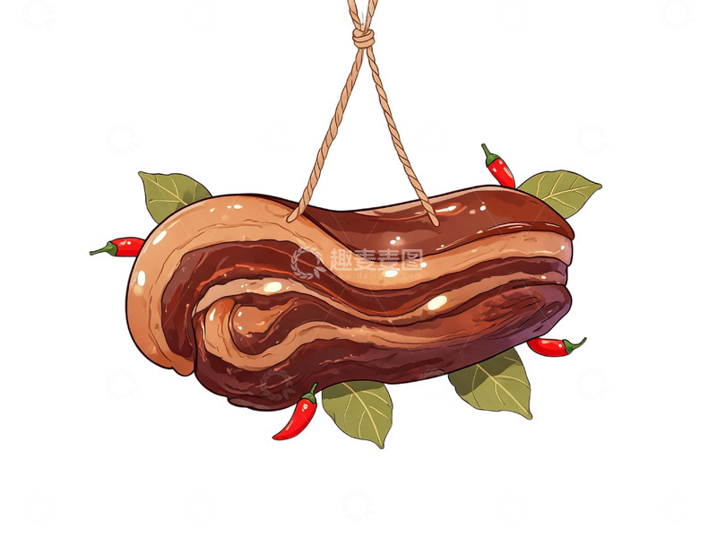高清大图下载【趣麦麦图】卡通风格悬挂腊肉手绘美食设计素材