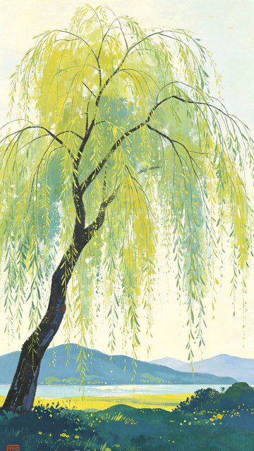 国风水墨风格垂柳湖景插画设计素材