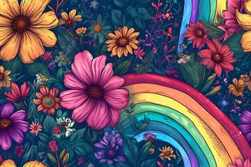 手绘风彩虹花卉图案设计素材106