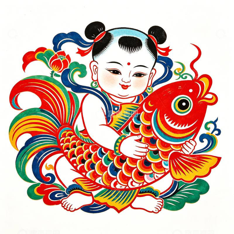 高清大图下载【趣麦麦图】年画风童子抱鱼吉祥图案设计素材