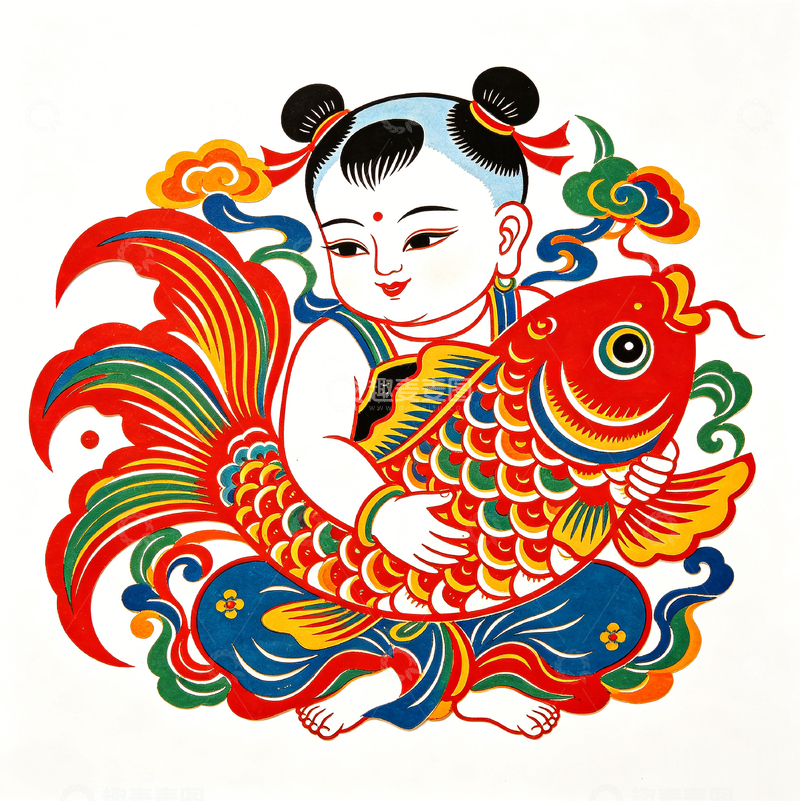 高清大图下载【趣麦麦图】年画风童子抱鱼吉祥图案设计