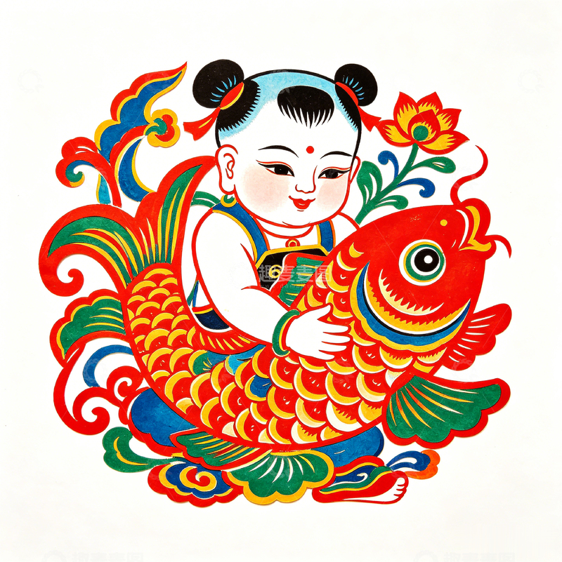 高清大图下载【趣麦麦图】年画风童子抱鱼吉祥图案设计素材