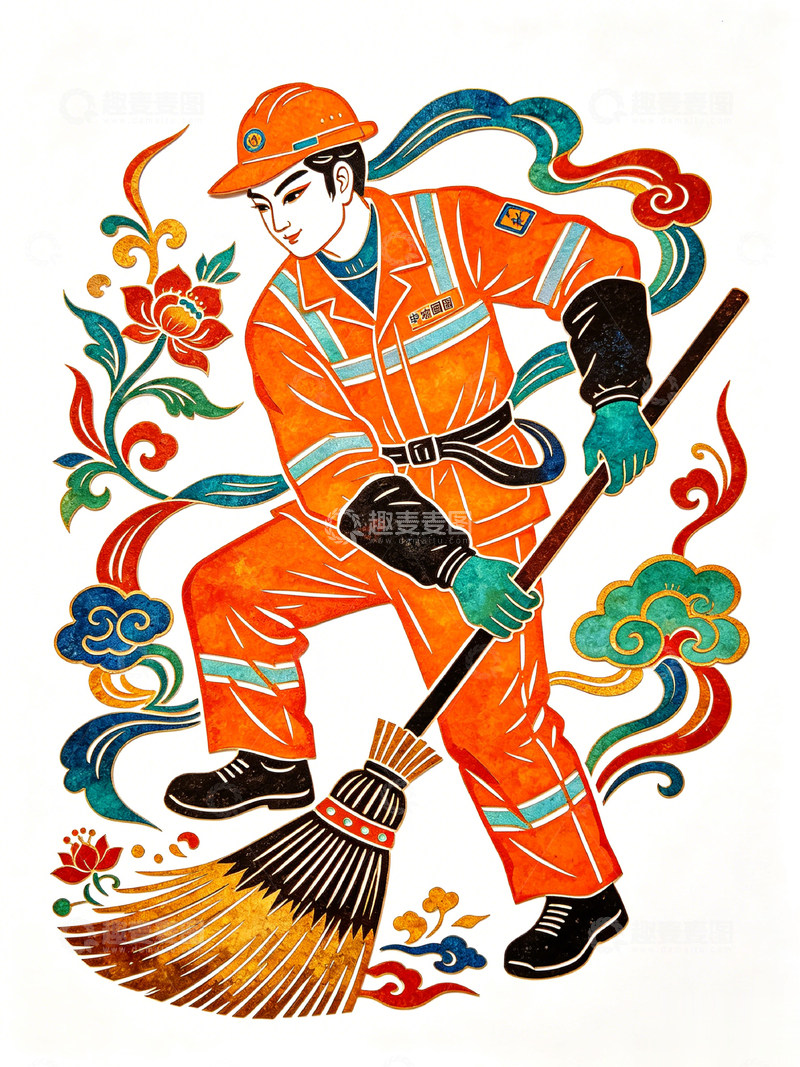高清大图下载【趣麦麦图】国风插画环卫工人扫地设计素材
