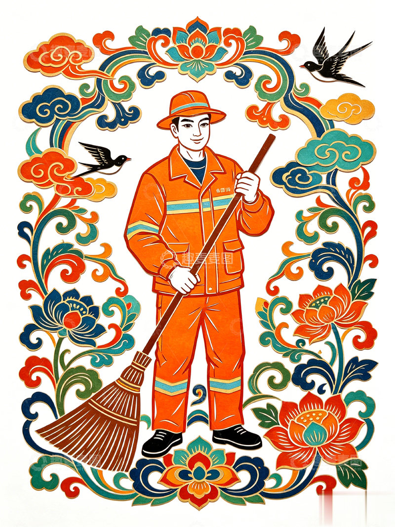 高清大图下载【趣麦麦图】-剪纸风环卫工人扫帚插画设计素材