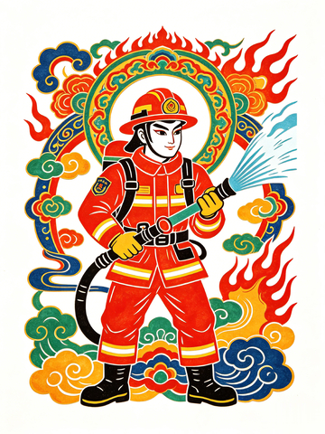年画风消防员灭火手绘插画设计素材