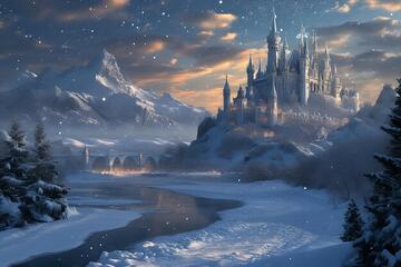 奇幻风冰雪城堡夜景插画素材95