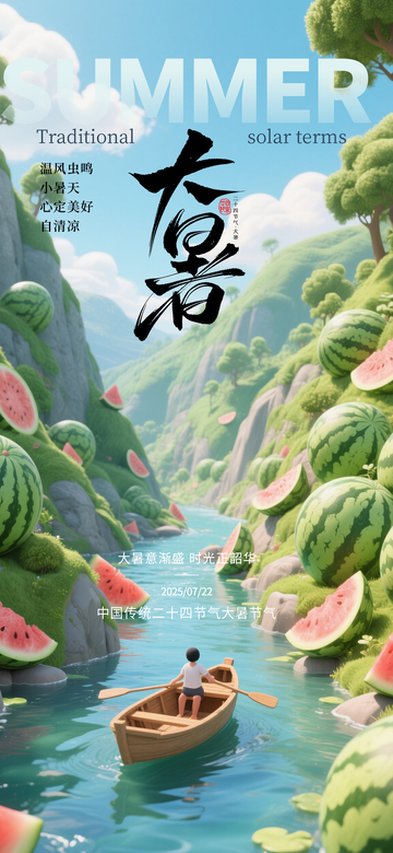 国风插画大暑节气西瓜山水设计素材