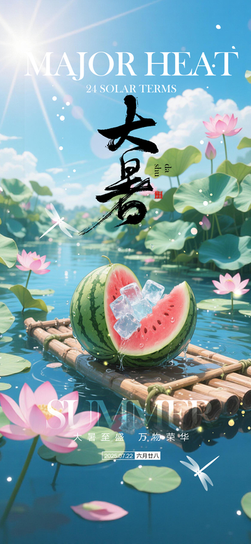 国风插画大暑节气西瓜竹筏设计素材