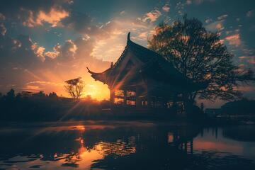 剪影风日落亭台湖景摄影素材28
