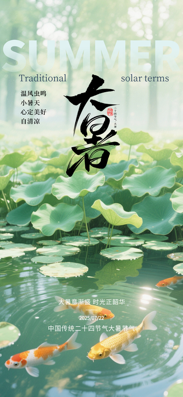 国风大暑节气荷塘锦鲤设计素材