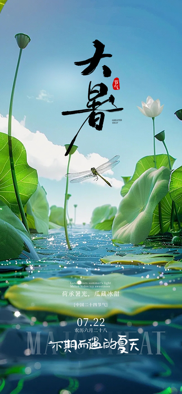 国风大暑节气荷塘蜻蜓插画设计素材