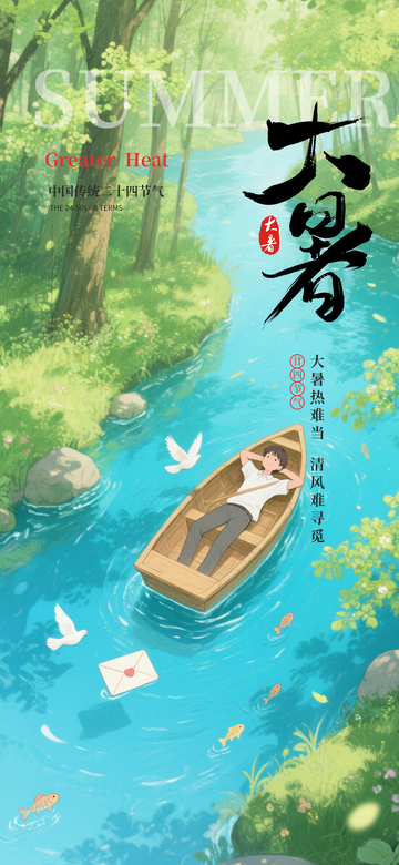国风插画大暑节气小舟休憩设计素材