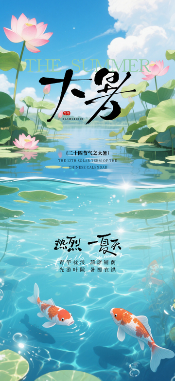 国风插画大暑节气荷塘锦鲤设计素材
