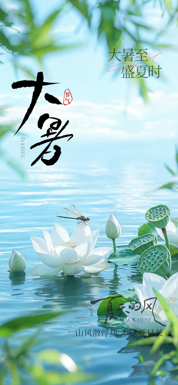 国风大暑节气荷花池塘插画设计素材